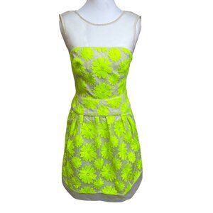 Karen Millen Nude Illusion Mini Dress, Neon Green Embroidered Floral, Sz 4